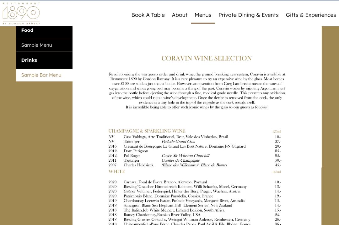 View the wine menu of “1890” by Gordon Ramsay